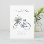 Blauwe Fiets Bohemian Bloemen Waterverf Bruiloft Save The Date (Staand voorkant)