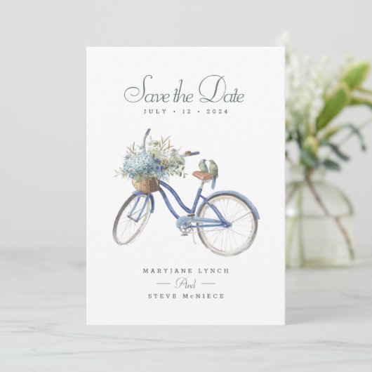 Blauwe Fiets Bohemian Bloemen Waterverf Bruiloft Save The Date (Staand voorkant)