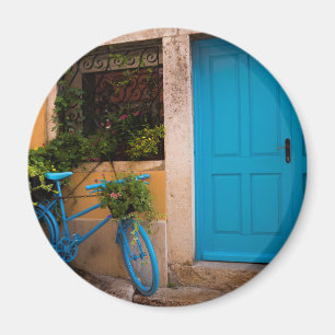 Blauwe fiets en deur in de zomer magneet