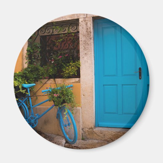Blauwe fiets en deur in de zomer magneet (Voorkant)