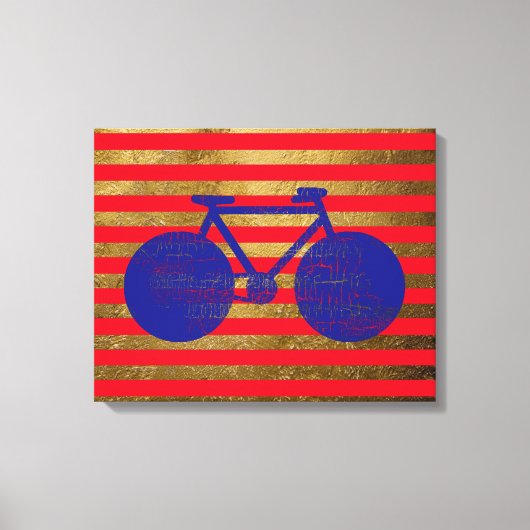 blauwe fiets en gouden/rode strepen canvas afdruk (Voorkant)