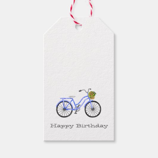 Blauwe Fiets Gelukkige Verjaardag Bloemmand Plezie Cadeaulabel (Voorkant)