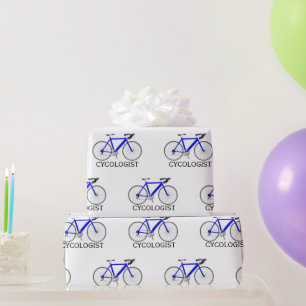 Blauwe fiets met cycoloog tekst op wit cadeaupapier