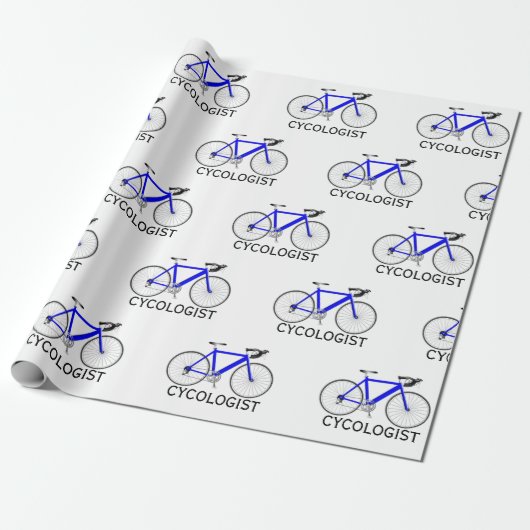 Blauwe fiets met cycoloog tekst op wit cadeaupapier (Uitgerold)