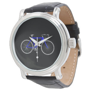 Blauwe fiets op zwart horloge