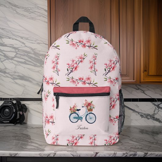 Blauwe Fiets Roze Sakura Kersenbloesems Monogram Bedrukte Rugzak
