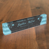 Blauwe fijne bloemen naambordje (Zijkant)