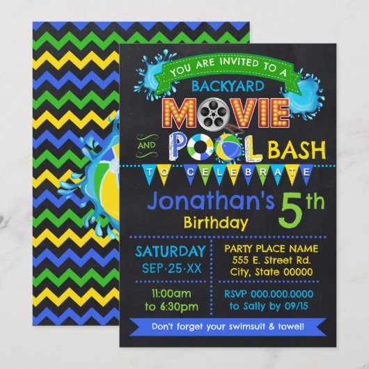 Blauwe Film- en Zwembad Verjaardagsfeestje Zomerfe Kaart (Voorkant / Achterkant)
