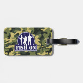 Blauwe "Fish On"-visserij-logo op groene camouflag Bagagelabel (Achterkant horizontaal)