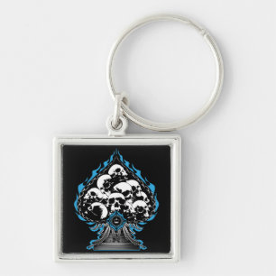 Blauwe Flaming Spade met schedels Sleutelhanger