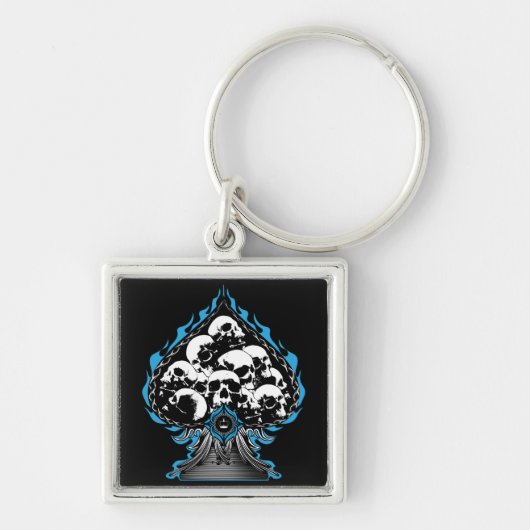 Blauwe Flaming Spade met schedels Sleutelhanger (Voorkant)