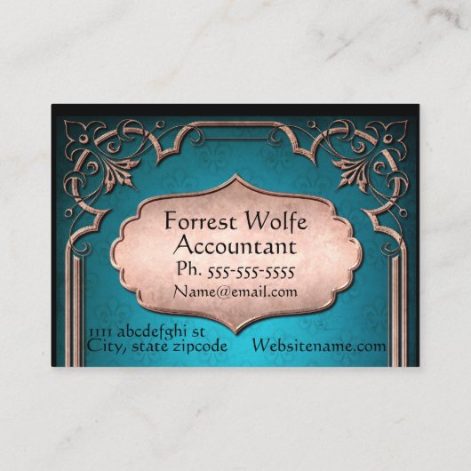 Blauwe fleur de lis brons Victoriaans damast Visitekaartje (Achterkant)