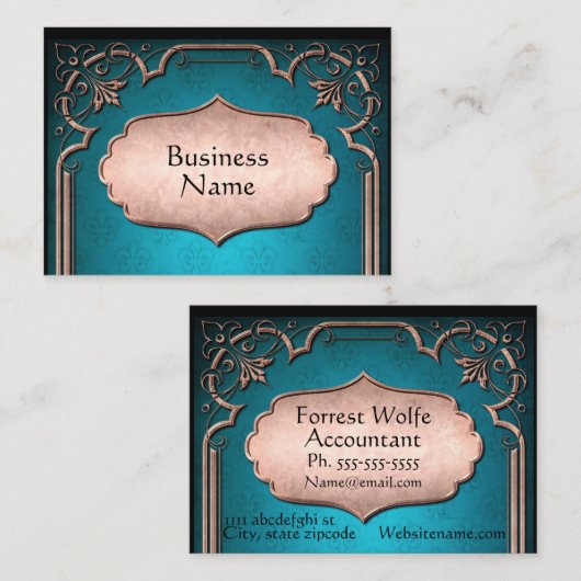 Blauwe fleur de lis brons Victoriaans damast Visitekaartje (Voorkant / Achterkant)