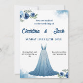 Blauwe flora| Elegante jurk ontwerp bruiloft Kaart (Voorkant)