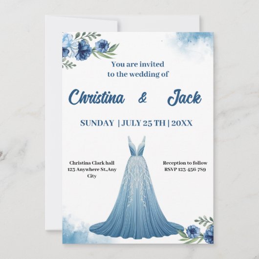 Blauwe flora| Elegante jurk ontwerp bruiloft Kaart (Voorkant)