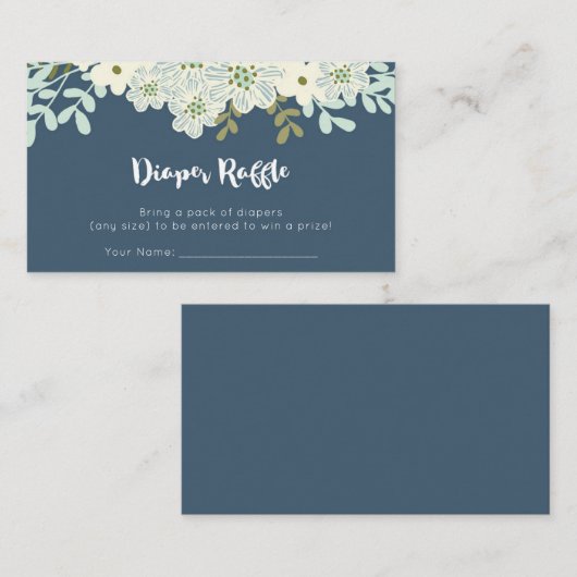 Blauwe Floral Baby shower Diaper Raffle Informatiekaartje (Voorkant / Achterkant)