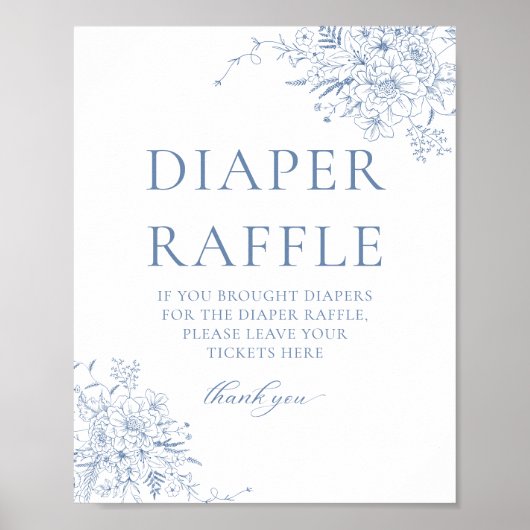 Blauwe Floral Baby shower Diaper Raffle Poster (Voorkant)