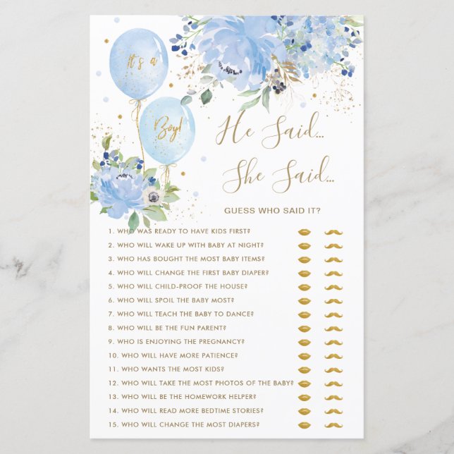 Blauwe Floral-ballonnen zei dat ze Baby zei (Voorkant)