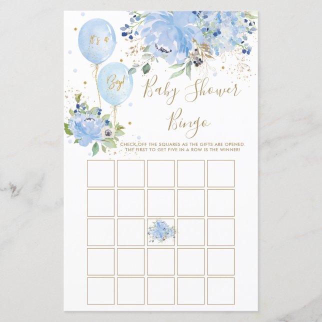 Blauwe Floral Balloons Baby shower Bingo Game (Voorkant)