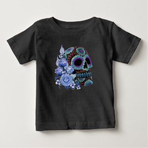 Blauwe Floral Black Sugar Skull Day of the Dead