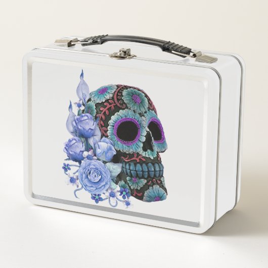 Blauwe Floral Black Sugar Skull Day of the Dead (Voorkant)