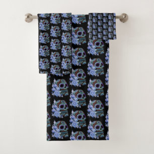 Blauwe Floral Black Sugar Skull Day of the Dead Bad Handdoek