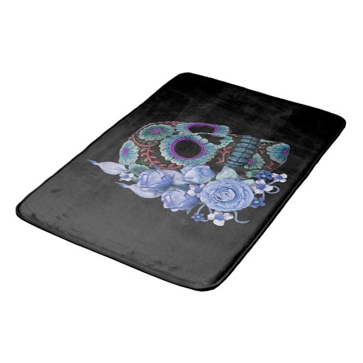 Blauwe Floral Black Sugar Skull Day of the Dead Badmat (Gekanteld)
