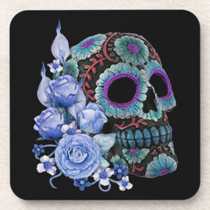 Blauwe Floral Black Sugar Skull Day of the Dead Bier Onderzetter