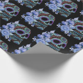 Blauwe Floral Black Sugar Skull Day of the Dead Cadeaupapier (Hoek)