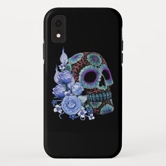 Blauwe Floral Black Sugar Skull Day of the Dead Case-Mate iPhone Case (Achterkant)