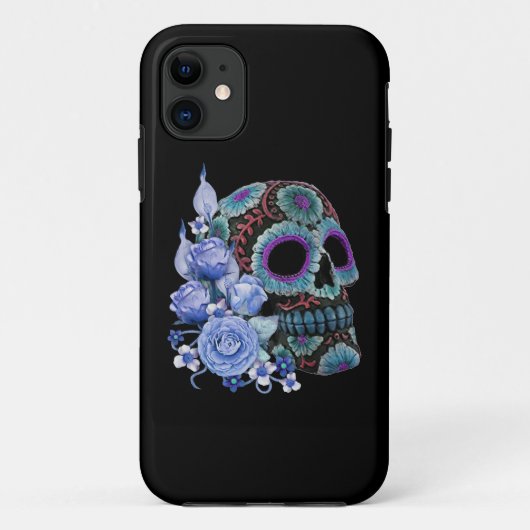 Blauwe Floral Black Sugar Skull Day of the Dead Case-Mate iPhone Case (Achterkant)