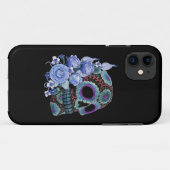 Blauwe Floral Black Sugar Skull Day of the Dead Case-Mate iPhone Case (Achterkant (horizontaal))