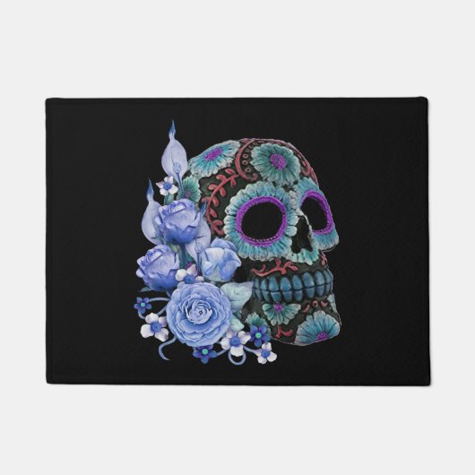 Blauwe Floral Black Sugar Skull Day of the Dead Deurmat (Voorkant)