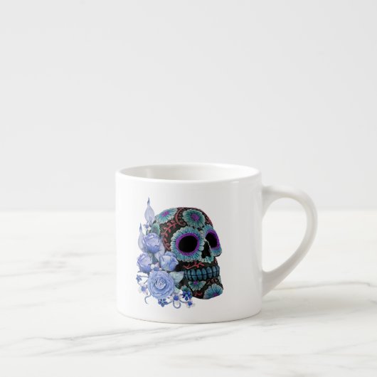 Blauwe Floral Black Sugar Skull Day of the Dead Espresso Kop (Rechts)