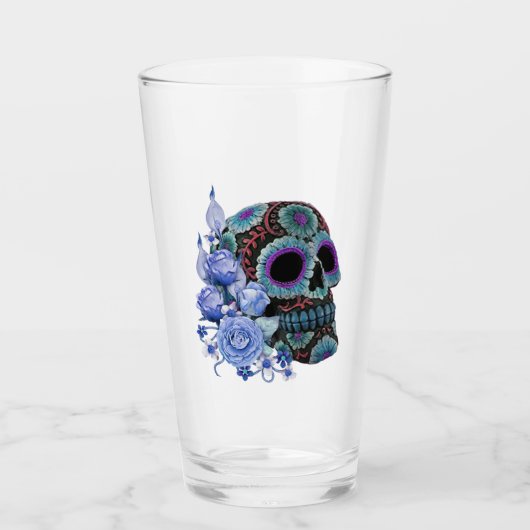 Blauwe Floral Black Sugar Skull Day of the Dead Glas (Voorkant)