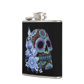 Blauwe Floral Black Sugar Skull Day of the Dead Heupfles (Links)