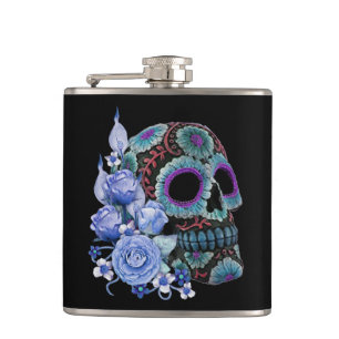 Blauwe Floral Black Sugar Skull Day of the Dead Heupfles