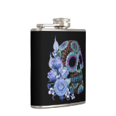 Blauwe Floral Black Sugar Skull Day of the Dead Heupfles (Rechts)