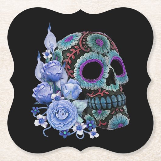 Blauwe Floral Black Sugar Skull Day of the Dead Kartonnen Onderzetters (Voorkant)