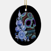 Blauwe Floral Black Sugar Skull Day of the Dead Keramisch Ornament (Rechts)