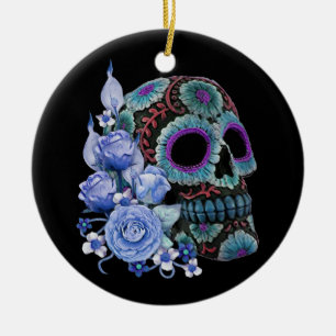 Blauwe Floral Black Sugar Skull Day of the Dead Keramisch Ornament