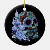 Blauwe Floral Black Sugar Skull Day of the Dead Keramisch Ornament (Achterkant)