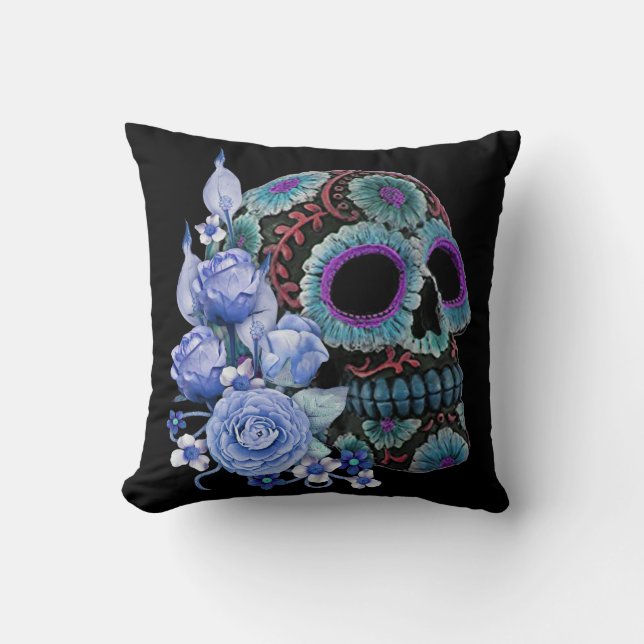 Blauwe Floral Black Sugar Skull Day of the Dead Kussen (Voorkant)