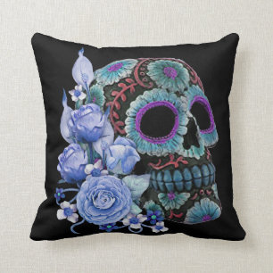 Blauwe Floral Black Sugar Skull Day of the Dead Kussen