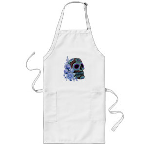 Blauwe Floral Black Sugar Skull Day of the Dead Lang Schort