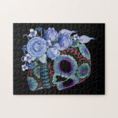 Blauwe Floral Black Sugar Skull Day of the Dead Legpuzzel (Horizontaal)