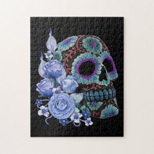 Blauwe Floral Black Sugar Skull Day of the Dead Legpuzzel