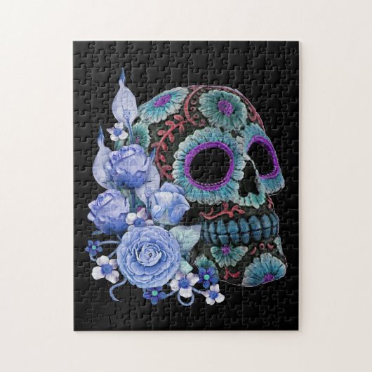 Blauwe Floral Black Sugar Skull Day of the Dead Legpuzzel (Verticaal)