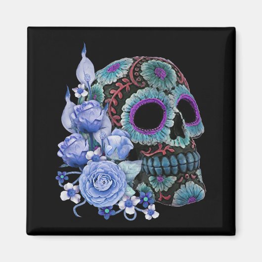 Blauwe Floral Black Sugar Skull Day of the Dead Magneet (Voorkant)