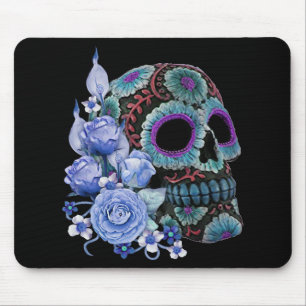 Blauwe Floral Black Sugar Skull Day of the Dead Muismat